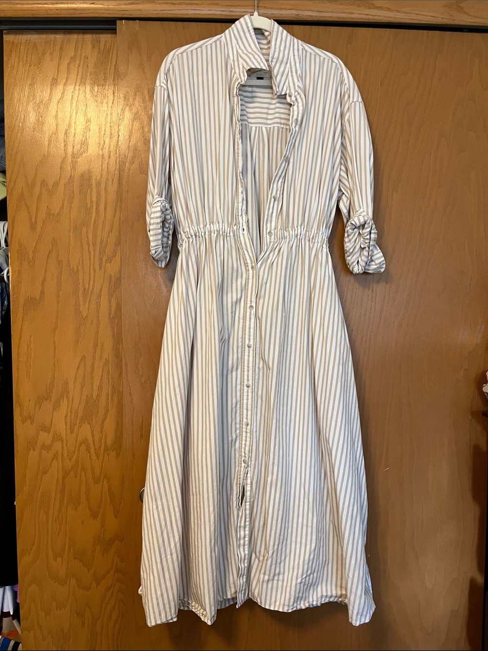 Universal Thread Beige and White Striped Long-Sleeve Shirt Dress